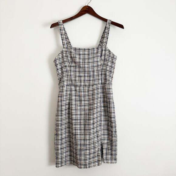 ABERCROMBIE Tweed Plaid Mini Dress Blue Cream Medium Tall - Picture 4 of 11